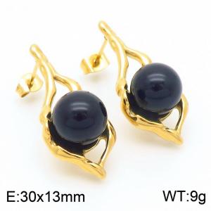 European and American fashion stainless steel creative leaf inlaid black agate beads versatile temperament gold earrings - KE114365-K